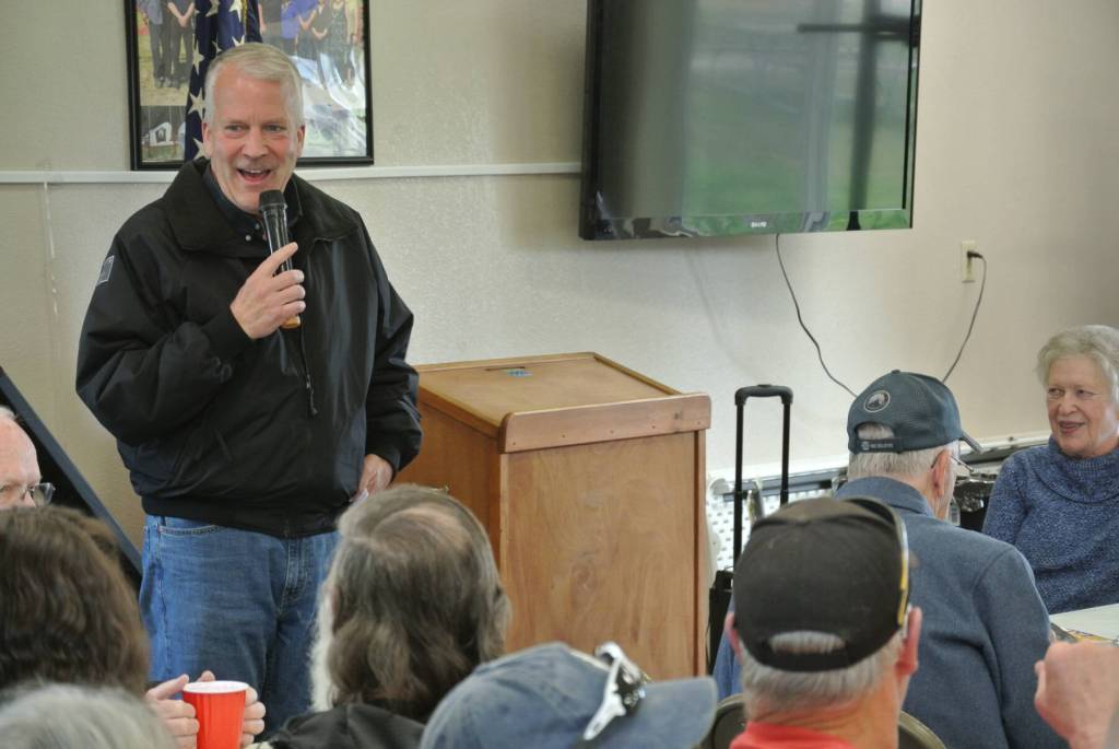 U.S. Senator Dan Sullivan, R-Alaska, speaks to Anchor Point residents during a community meeting held at the Virl Pa Haga VFW Post 10221 on Friday, May 30, 2025, in Anchor Point, Alaska. (Delcenia Cosman/Homer News)