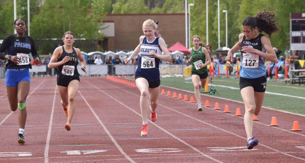 Soldotnas Sophia Jedlicki sets a school record in finishing second in the 400 meters to Aliyah Fields on Saturday, May 31, 2025, at the Division I state track meet at Dimond High School in Anchorage, Alaska. (Photo by Jeff Helminiak/Peninsula Clarion)