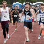 Soldotna's James Innes wins the 1,600-meter relay from, as he called it, "Lane 0" on Saturday, May 31, 2025, at the Division I state track meet at Dimond High School in Anchorage, Alaska. West Valley was second in the race, while Chugiak was third. That meant Soldotna and Chugiak tied for the boys team title. (Photo by Jeff Helminiak/Peninsula Clarion)