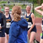 Homers Brightly Thoning, Beatrix McDonough, Maddy Miotke and Gracie Miotke won the 1,600-meter relay Saturday, May 31, 2025, at the Division II state track meet at Dimond High School in Anchorage, Alaska. (Photo by Jeff Helminiak/Peninsula Clarion)
