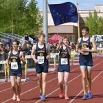 Homers 3,200-meter relay of Jai Badajos, Caleb Bunker, Tait Ostrom and Johannes Bynagle won Saturday, May 31, 2025, at the Division II state track meet at Dimond High School in Anchorage, Alaska. (Photo by Jeff Helminiak/Peninsula Clarion)