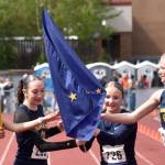 Homers Immi Im, Molly Evans, Liliana Harris and Gracie Miotke won the 400-meter relay Saturday, May 31, 2025, at the Division II state track meet at Dimond High School in Anchorage, Alaska. (Photo by Jeff Helminiak/Peninsula Clarion)