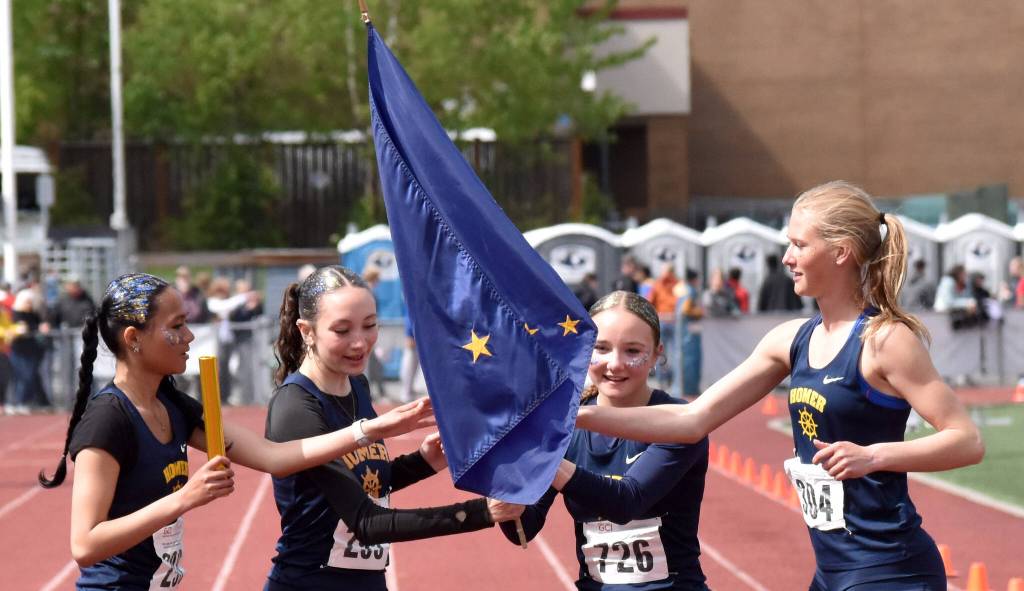 Homers Immi Im, Molly Evans, Liliana Harris and Gracie Miotke won the 400-meter relay Saturday, May 31, 2025, at the Division II state track meet at Dimond High School in Anchorage, Alaska. (Photo by Jeff Helminiak/Peninsula Clarion)