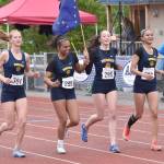 Homers Gracie Miotke, Jaelynn Kennon, Molly Evans and Immi Im won the 400-meter relay Saturday, May 31, 2025, at the Division II state track meet at Dimond High School in Anchorage, Alaska. (Photo by Jeff Helminiak/Peninsula Clarion)