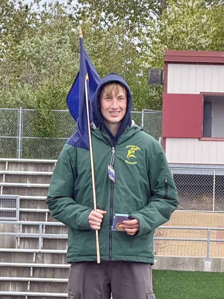 Sewards Olin Liljemark won the high jump Friday, May 30, 2025, at the Division II state track meet at Dimond High School in Anchorage, Alaska. (Photo provided by Mica Van Buskirk)