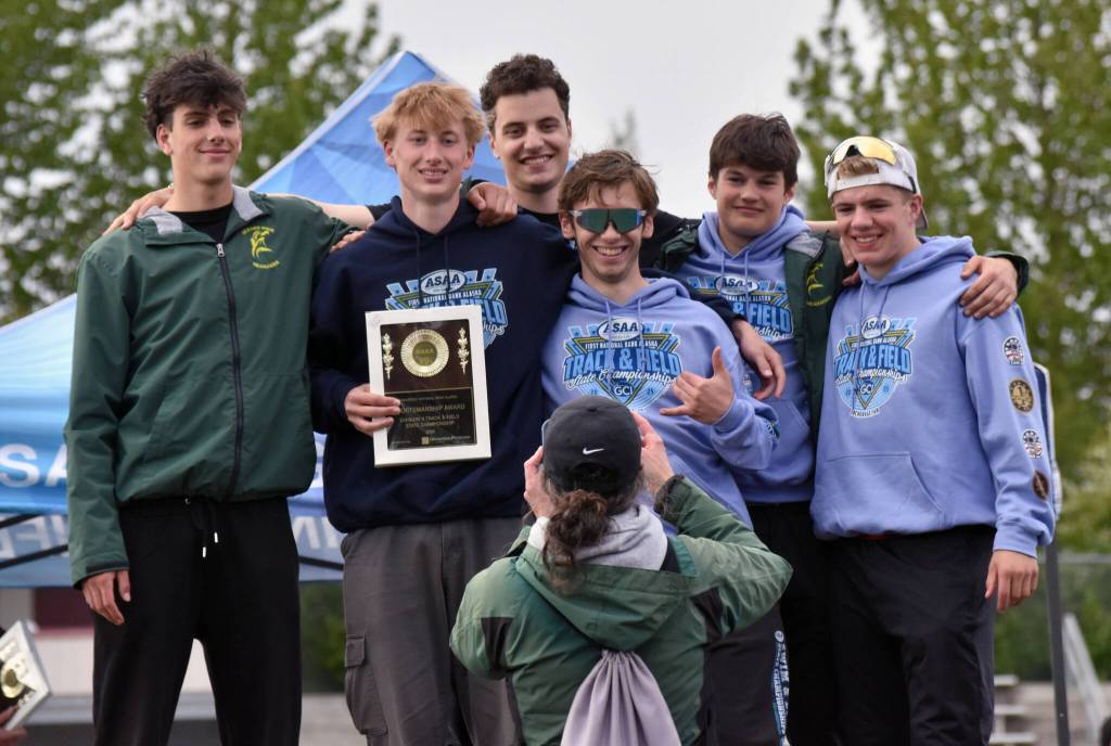 The Seward boys won the sportsmanship award Saturday, May 31, 2025, at the Division II state track meet at Dimond High School in Anchorage, Alaska. (Photo by Jeff Helminiak/Peninsula Clarion)
