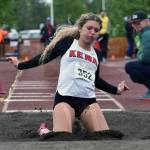 Kenai Centrals Sophie Tapley won the long jump Saturday, May 31, 2025, at the Division II state track meet at Dimond High School in Anchorage, Alaska. (Photo by Jeff Helminiak/Peninsula Clarion)