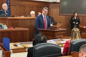 U.S. Rep. Nick Begich III, R-Alaska, address a joint session of the Alaska Legislature on Thursday, Feb. 20, 2025. (Mark Sabbatini / Juneau Empire file photo)