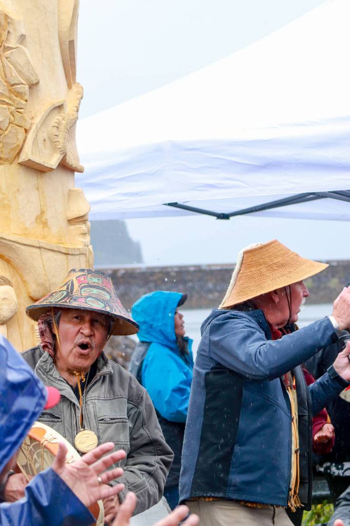 Carvers Herb Sheakley and Gordon Greenwald dance at the Fishermans Honor Totem Pole Ceremony on Friday, May 30, 2025. (Jasz Garrett / Juneau Empire)