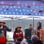 The four carvers of the Fishermans Honor Totem Pole from left to right: Gordon Greenwald, Cheyanne Jack, Herb Sheakley, and Louie White Jr. (Jasz Garrett / Juneau Empire)