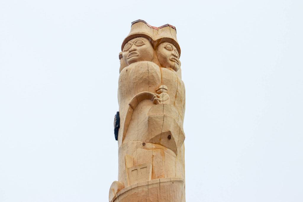 The Fishermans Honor Totem Pole features family members watching for a safe return for all fishermen. (Jasz Garrett / Juneau Empire)