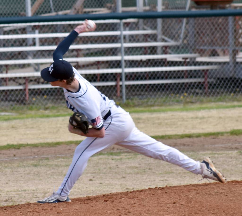 Soldotnas Colby Sturman delivers to Monroe Catholic at the Division II state baseball tournament at Coral Seymour Memorial Park in Kenai, Alaska, on Friday, June 6, 2025. (Photo by Jeff Helminiak/Peninsula Clarion)