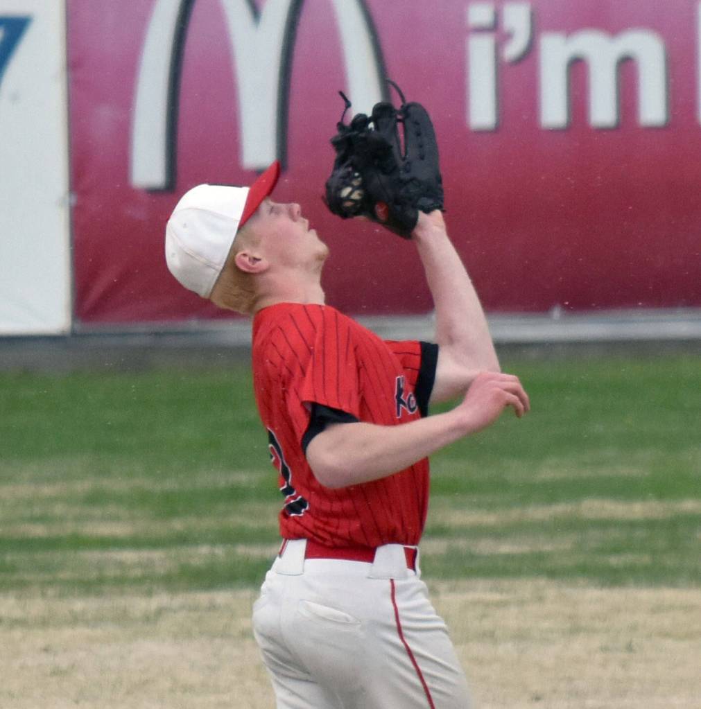 Kenai Centrals Avery Martin makes a catch in left field at the Division II state baseball tournament at Coral Seymour Memorial Park in Kenai, Alaska, on Friday, June 6, 2025. (Photo by Jeff Helminiak/Peninsula Clarion)