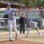 Monroe Catholics Nathan Priebe attempts a pickoff against Soldotna at the Division II state baseball tournament at Coral Seymour Memorial Park in Kenai, Alaska, on Friday, June 6, 2025. (Photo by Jeff Helminiak/Peninsula Clarion)