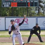 Soldotnas Matthew Schilling delivers to Monroe Catholic at the Division II state baseball tournament at Coral Seymour Memorial Park in Kenai, Alaska, on Friday, June 6, 2025. (Photo by Jeff Helminiak/Peninsula Clarion)