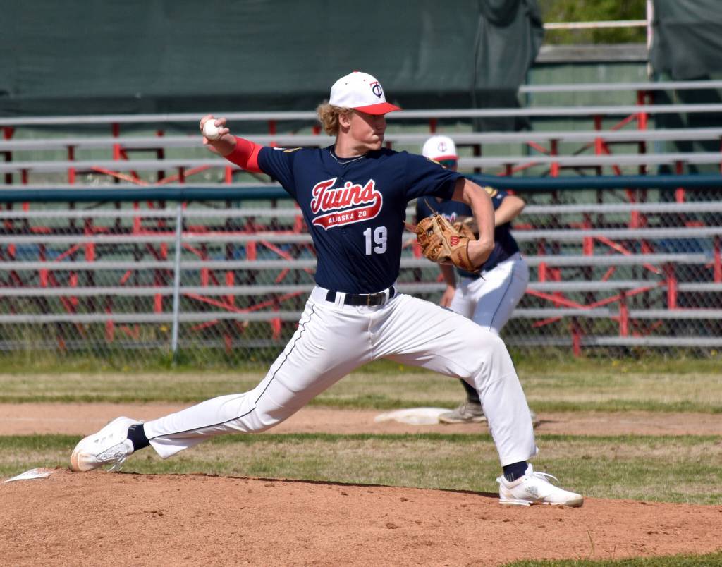 Post 20s Jacob Joanis delivers to West on Friday, June 13, 2025, at Coral Seymour Memorial Park in Kenai, Alaska. (Photo by Jeff Helminiak/Peninsula Clarion)