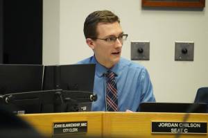 Council member Jordan Chilson speaks during a Soldotna City Council work session in Soldotna, Alaska, on Wednesday, April 9, 2025. (Jake Dye/Peninsula Clarion)