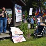 Pastor Lisa Talbott addresses the crowd at WKFL Park on Saturday, June 14, 2025, in Homer, Alaska. (Chloe Pleznac/Homer News)