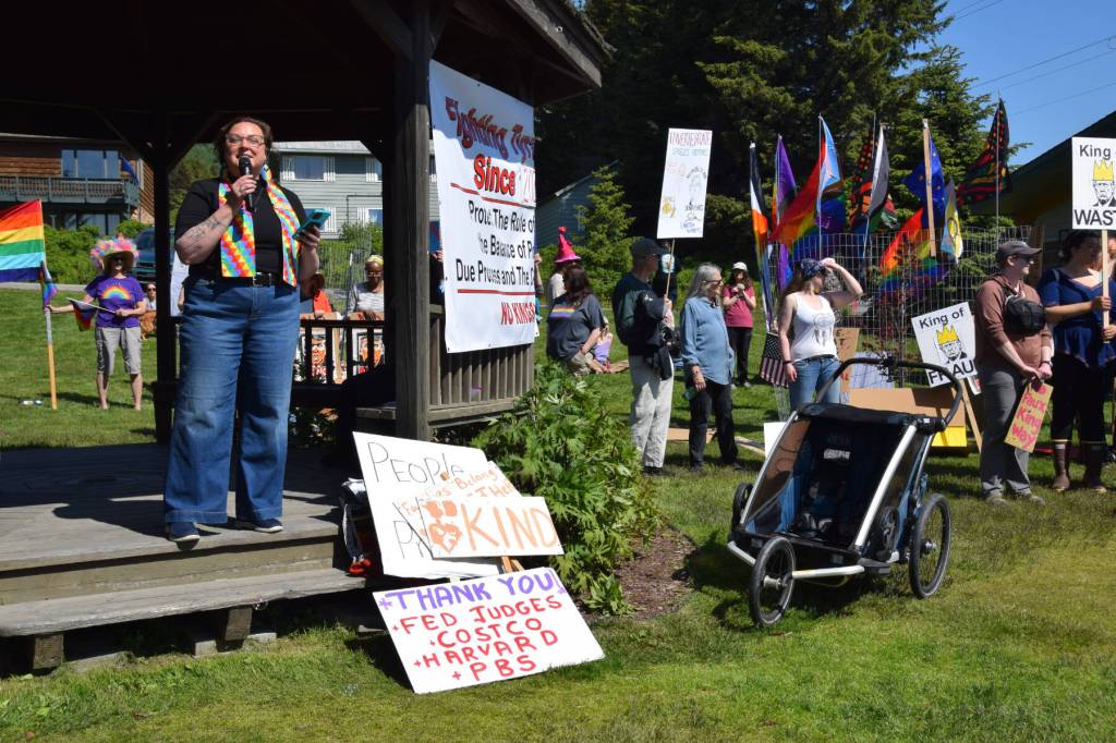 Pastor Lisa Talbott addresses the crowd at WKFL Park on Saturday, June 14, 2025, in Homer, Alaska. (Chloe Pleznac/Homer News)