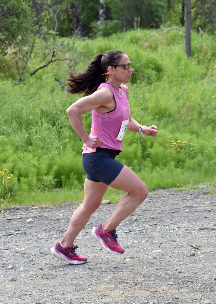 Heather Moon wins the womens 10-mile race at the Run for the River on Saturday, June 14, 2025, in Soldotna, Alaska. (Photo by Jeff Helminiak/Peninsula Clarion)