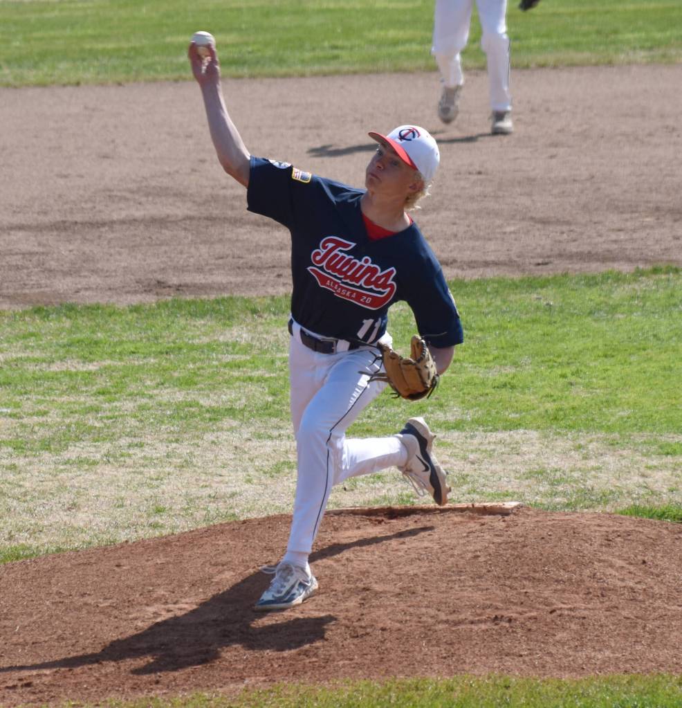 Jack Harper of the Post 20 Twins delivers to South Post 4 on Friday, June 20, 2025, in the Lance Coz Wood Bat Tournament at Coral Seymour Memorial Park in Kenai, Alaska. (Photo by Jeff Helminiak/Peninsula Clarion)