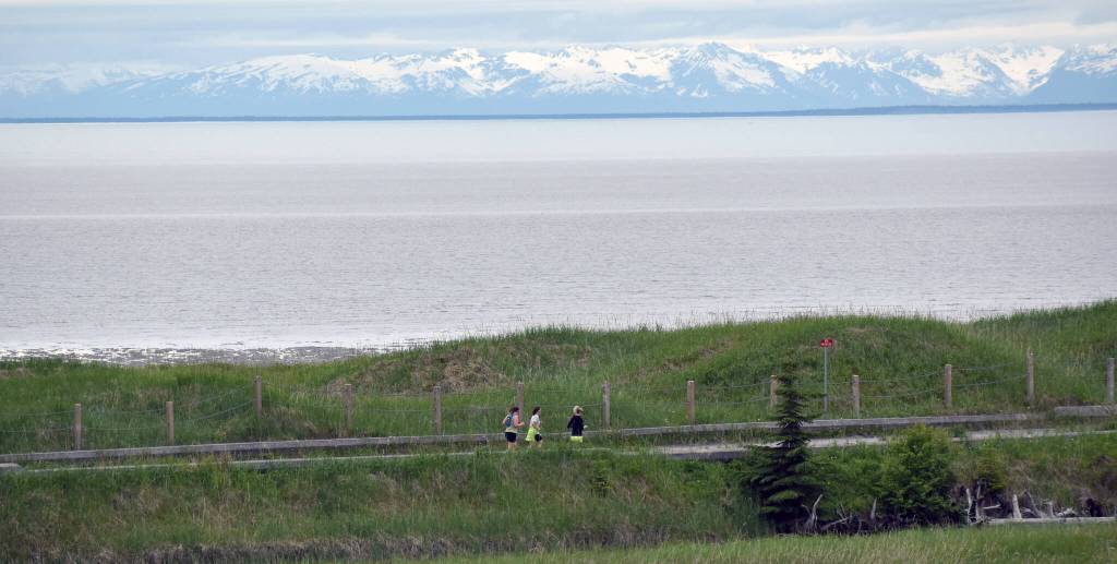 Runners take a Kenai beach access road during the Kenai Summer Solstice Fun Run in Kenai, Alaska, on Saturday, June 21, 2025. (Photo by Jeff Helminiak/Peninsula Clarion)