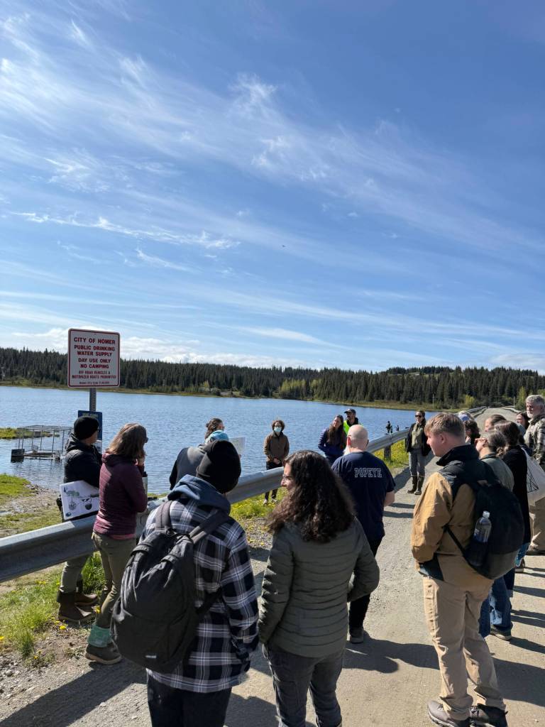 Homer, Seldovia and Kachemak City staff and city managers conduct a site visit to the Bridge Creek Reservoir, Homers public drinking water source, with KBNERR staff and partner researchers from the University of South Florida on Friday, June 6, 2025, in Homer, Alaska. The USF ecohydrology research team presented their findings at the Homer City Council Committee of the Whole Meeting on Monday, June 9. Photo courtesy of Katherine Schake