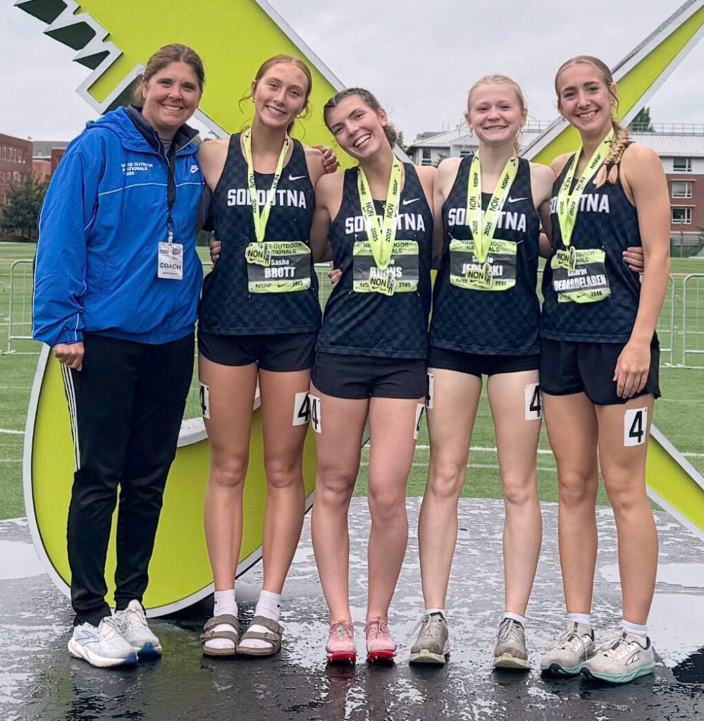 Assistant coach Krista Arthur plus the 3,200-meter relay of Sasha Brott, Annie Burns, Sophia Jedlicki and Katie DeBardelaben at Nike Outdoor Nationals at Hayward Field in Eugene, Oregon, from June 19 to 22, 2025. (Photo provided)