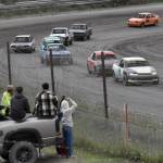 Jared Hutchings leads the Mini Stock pack on the way to victory in the feature Saturday, June 21, 2025, at the Mini Stock Dirty 30 at Twin City Raceway in Kenai, Alaska. (Photo by Jeff Helminiak/Peninsula Clarion)