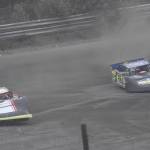 Clay Peterson and Alex Schwochert slide around Turn 1 as Schwochert wins the Late Model feature Saturday, June 21, 2025, at the Mini Stock Dirty 30 at Twin City Raceway in Kenai, Alaska. (Photo by Jeff Helminiak/Peninsula Clarion)