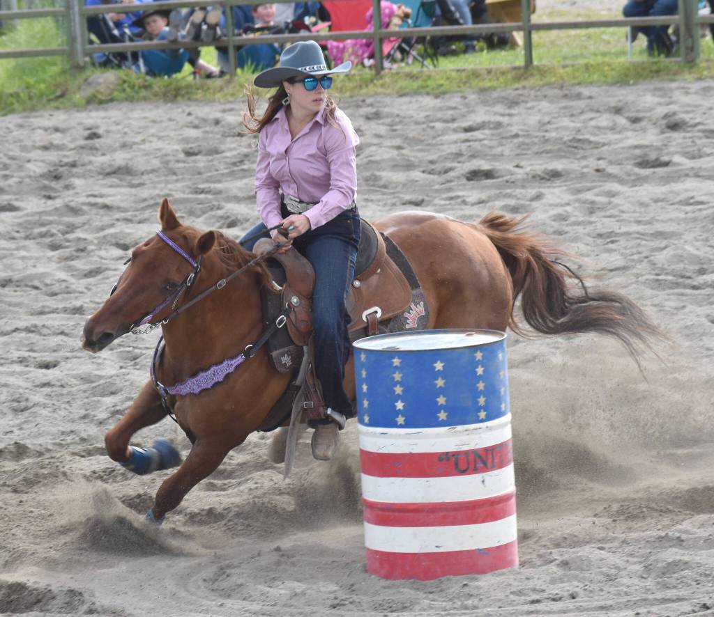 Soldotnas Jayda Williams competes in Open Barrels on Saturday, June 28, 2025, in the second Soldotna Equestrian Association rodeo of the year at the Soldotna Rodeo Grounds in Soldotna, Alaska. (Photo by Jeff Helminiak/Peninsula Clarion)