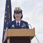 Rear Adm. Megan Dean speaks during the change of command ceremony for the USCG ASPEN on Thursday, June 26, on the Homer Spit. (Chloe Pleznac)