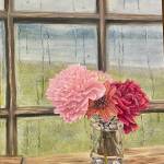 Raspberry Sunday is an oil painting by Homer artist Jen DePesa on display through July 2025 in her solo exhibit at Grace Ridge Brewing in Homer, Alaska. DePesas painting is also featured on the brewerys special peony brew. Photo provided by Grace Ridge Brewing