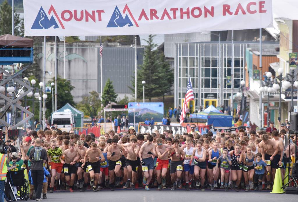The juniors start at the Mount Marathon Race on July 4, 2025, in Seward, Alaska. (Photo by Jeff Helminiak/Peninsula Clarion)