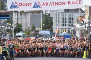 The juniors start at the Mount Marathon Race on July 4, 2025, in Seward, Alaska. (Photo by Jeff Helminiak/Peninsula Clarion)