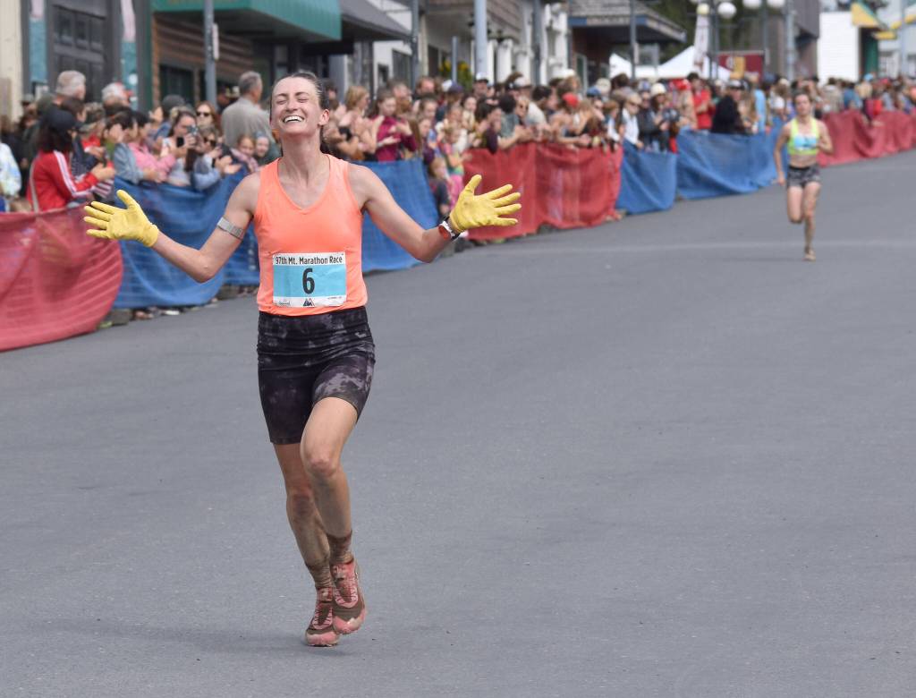Palmers Denali Strabel, 35, finishes the womens race at the Mount Marathon Race on July 4, 2025, in Seward, Alaska. (Photo by Jeff Helminiak/Peninsula Clarion)