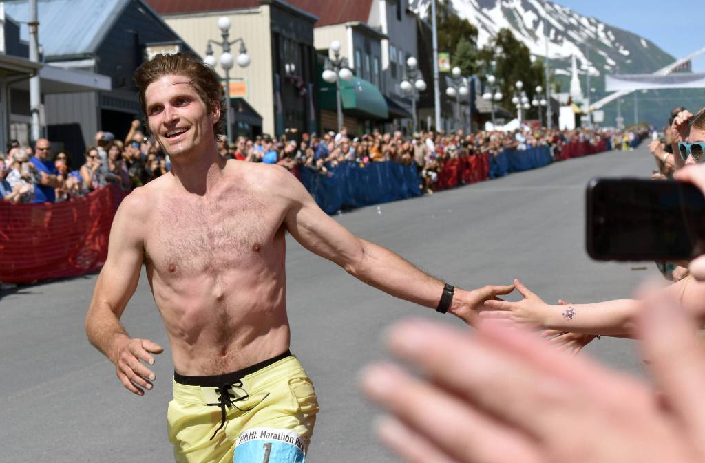 David Norris, 34, of Steamboat Springs, Colorado, wins the mens race at the Mount Marathon Race on July 4, 2025, in Seward, Alaska. (Photo by Jeff Helminiak/Peninsula Clarion)