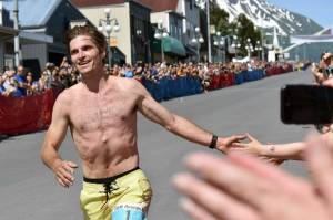 David Norris, 34, of Steamboat Springs, Colorado, wins the men's race at the Mount Marathon Race on July 4, 2025, in Seward, Alaska. (Photo by Jeff Helminiak/Peninsula Clarion)