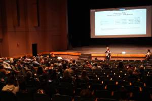 Former KPBSD Finance Director Liz Hayes speaks during a Kenai Peninsula Borough School District budget development meeting at Kenai Central High School in Kenai, Alaska, on Wednesday, Feb. 19, 2025. (Jake Dye/Peninsula Clarion)