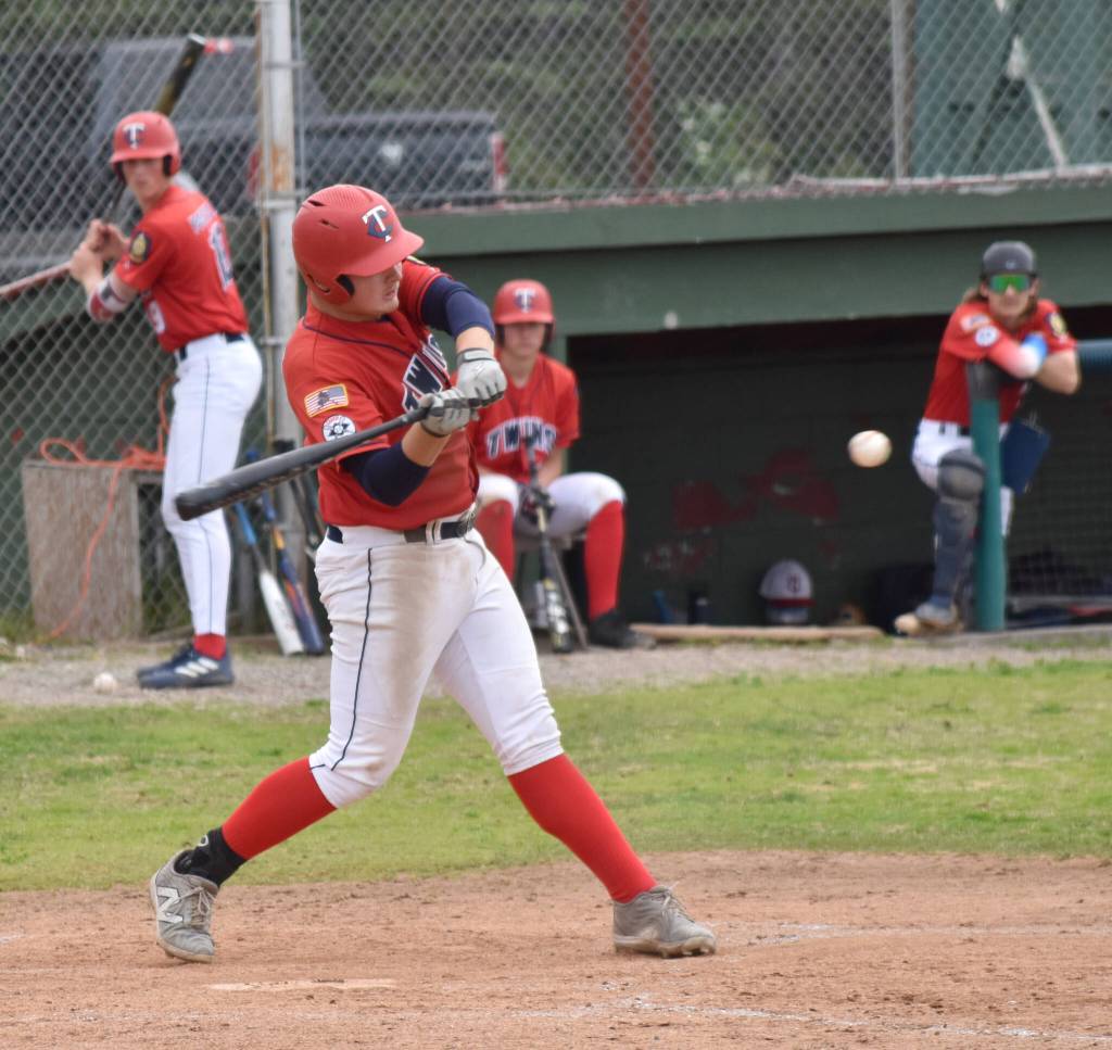 Jayden Stuyvesant of the Post 20 Twins bats against Eagle River on Monday, July 7, 2025, at Coral Seymour Memorial Park in Kenai, Alaska. (Photo by Jeff Helminiak/Peninsula Clarion)