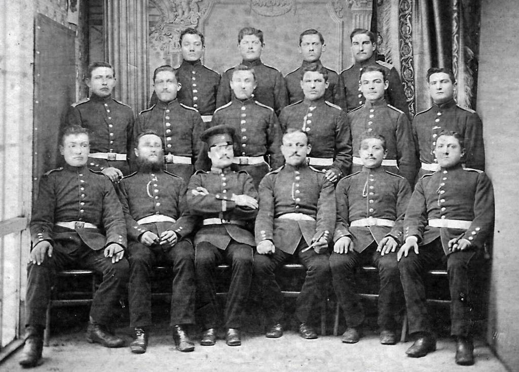 Between 1879 and 1892, Stephan Melchior (far left, middle row) performed his mandatory Prussian military service. He was a member of the Eighth Rhineland Infantry Regiment No. 70 in Trier, Germany. (Photo courtesy of the Melchior Family Collection)