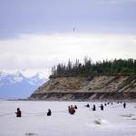Nets are extended from North Kenai Beach in Kenai, Alaska, during the first day of the Kenai River personal use dipnet fishery on Thursday, July 10, 2025. (Jake Dye/Peninsula Clarion)