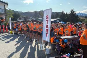 Runners line up at the start for the Seldovia Salmon Shuffle 5K race on Friday, July 4, 2025, in Seldovia, Alaska. Photo courtesy Ecola Collier