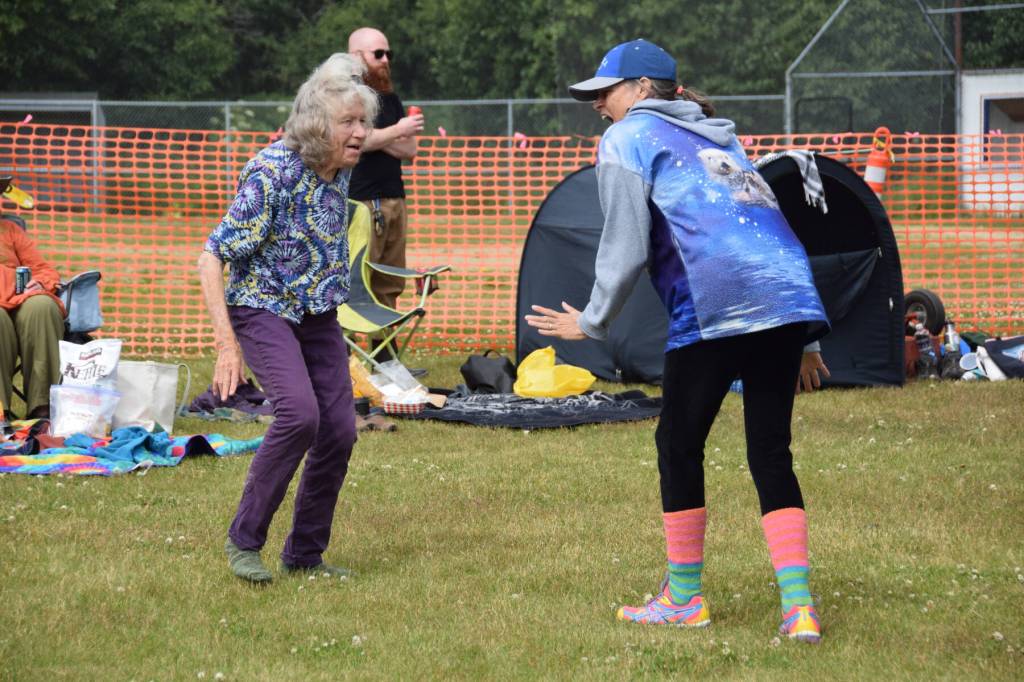 Concert-goers dance to music by The Discopians at KBBIs Concert on the Lawn on Saturday, July 12, 2025, at Karen Hornaday Park in Homer, Alaska. (Delcenia Cosman/Homer News)