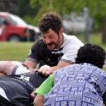 Dan Balmer, recently put into the Alaska Rugby Union Hall of Fame, plays at the Kenai Dipnet Fest Rugby 10s Tournament at Kenais Millennium Square on Saturday, July 19, 2025. (Photo by Jeff Helminiak/Peninsula Clarion)