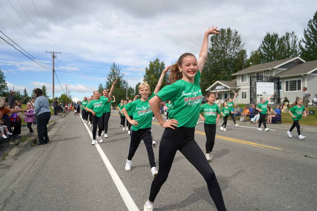 Forever Dance Alaska performers dance their way up Marydale Avenue during the 68th Annual Soldotna Progress Days Parade in Soldotna, Alaska, on Saturday, July 26, 2025. (Jake Dye/Peninsula Clarion)