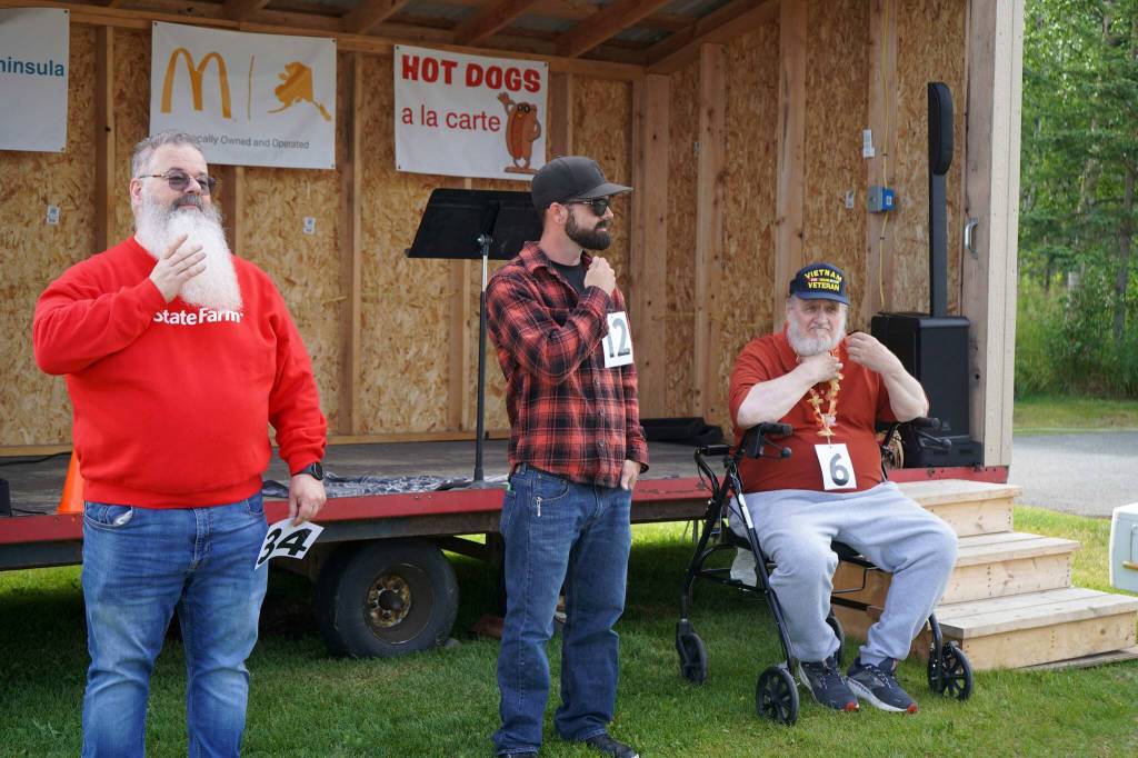 Contestants in the beard contest show off their entries at the Progress Days Block Party at Parker Park in Soldotna, Alaska, on Saturday, July 26, 2025. (Jake Dye/Peninsula Clarion)