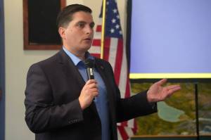 Rep. Justin Ruffridge, R-Soldotna, speaks during a joint luncheon of the Kenai and Soldotna chambers of commerce in Kenai, Alaska, on Wednesday, July 30, 2025. (Jake Dye/Peninsula Clarion)