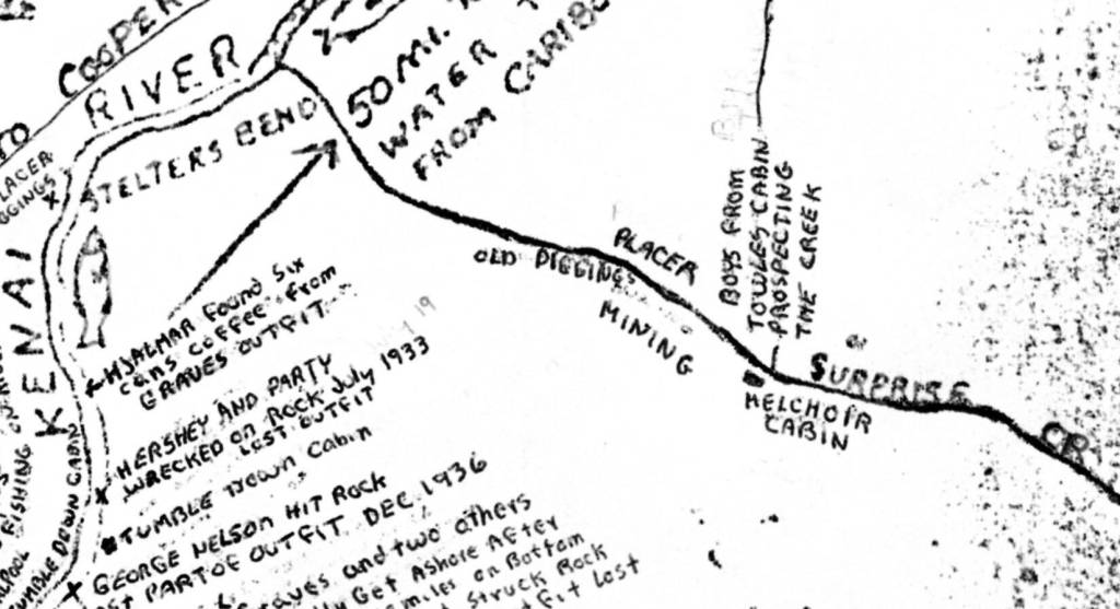 This is an excerpt from a hand-drawn and annotated map created by Hjalmar Andy Anderson and based on his homesteading familys life on Skilak Lake between 1922 and 1937. Note the location of Steve Melchiors cabin on Surprise Creek and an area labeled Stelters Bend downstream from the confluence of the creek with the Kenai River.