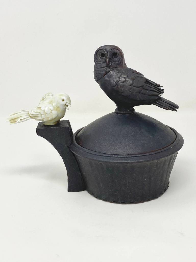 Flying Western King Bird Container is a ceramic piece by Steven Godfrey, in display through August at Bunnell Street Arts Center. Photo provided by Bunnell Street Arts Center